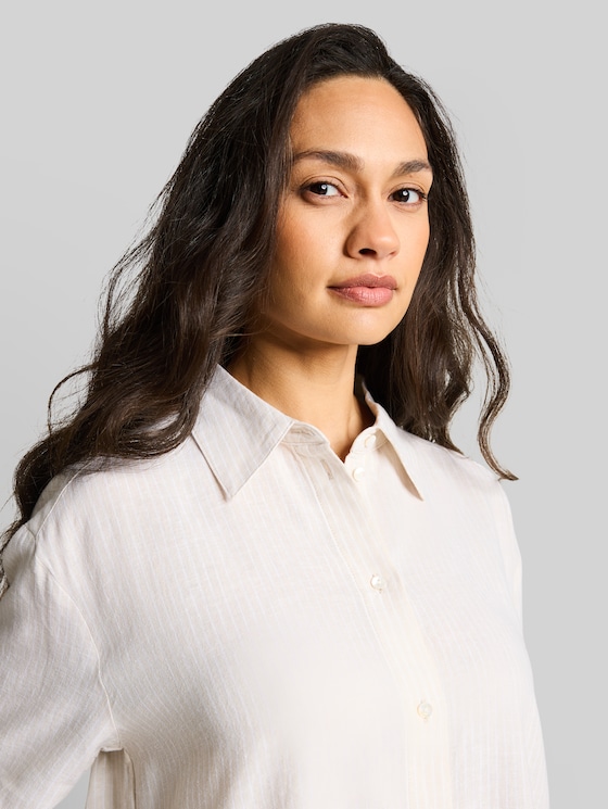 Oversized shirt blouse with linen blend - taupe white irregular stripe