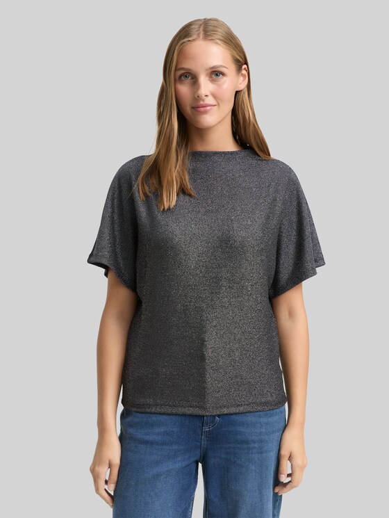 Glitter T-shirt with batwing sleeves - black glitter