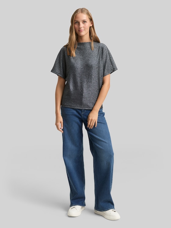 Glitter T-shirt with batwing sleeves - black glitter