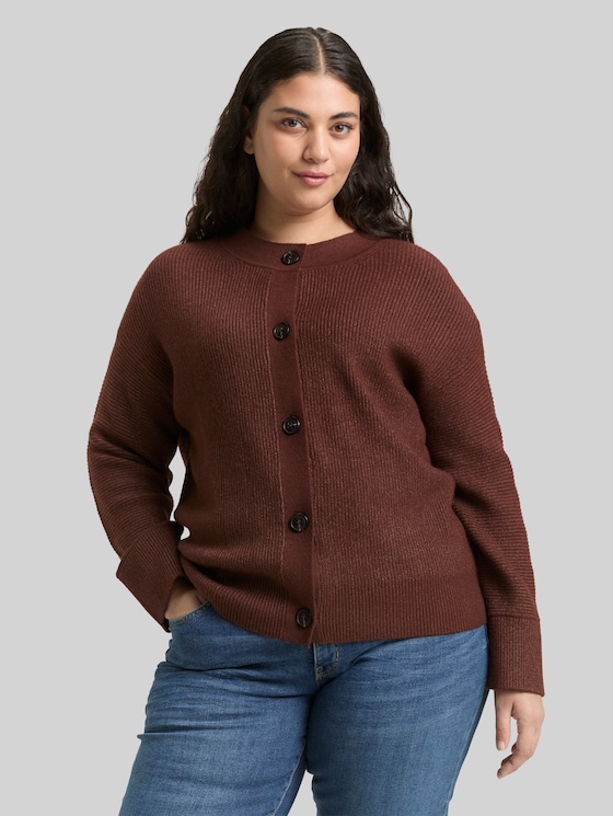 Plus Size - Oversized cardigan with round neckline - dark pecan brown melange