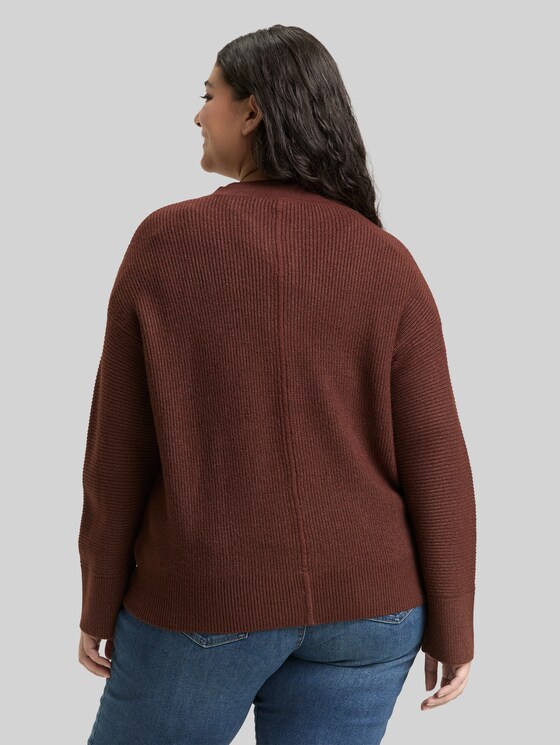 Plus Size - Oversized cardigan with round neckline - dark pecan brown melange
