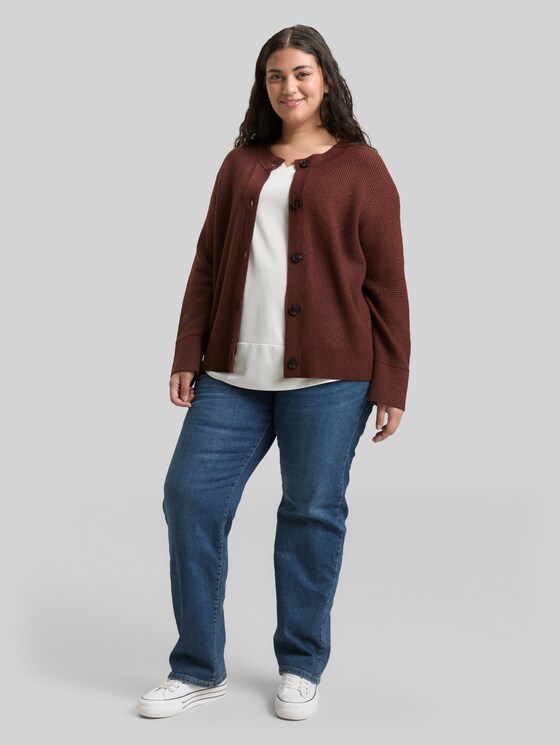 Plus Size - Oversized cardigan with round neckline - dark pecan brown melange