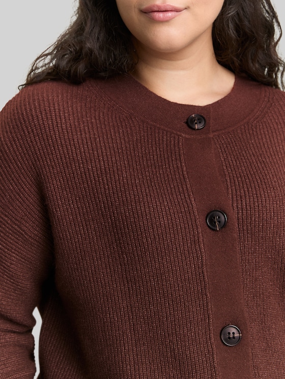 Plus Size - Oversized cardigan with round neckline - dark pecan brown melange
