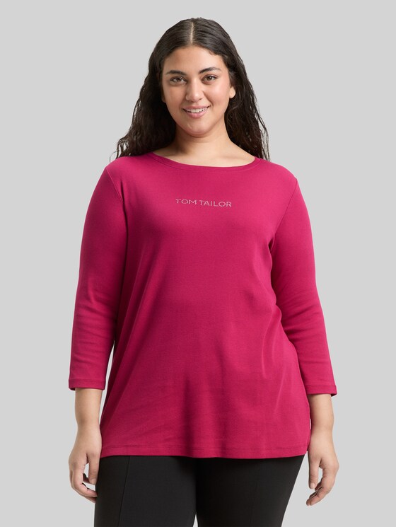 Plus Size - Slim fit long-sleeved shirt with glitter logo - dark pink