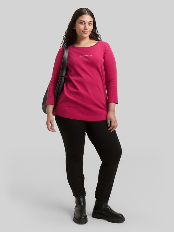 Plus Size - Slim fit long-sleeved shirt with glitter logo - dark pink