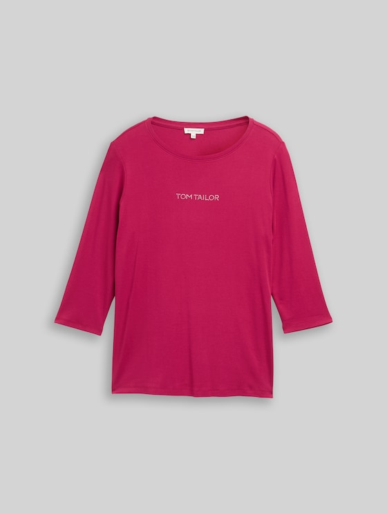 Plus Size - Slim fit long-sleeved shirt with glitter logo - dark pink