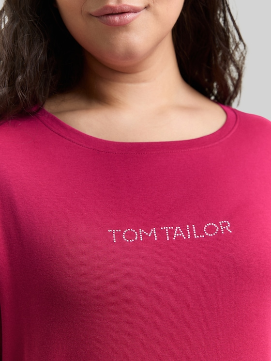 Plus Size - Slim fit long-sleeved shirt with glitter logo - dark pink