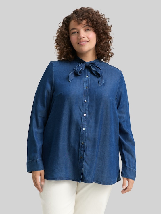 Plus Size - Blouse with bow detail - blue denim dark wash