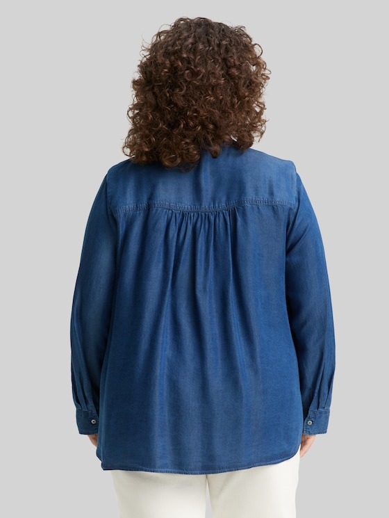 Plus Size - Blouse with bow detail - blue denim dark wash