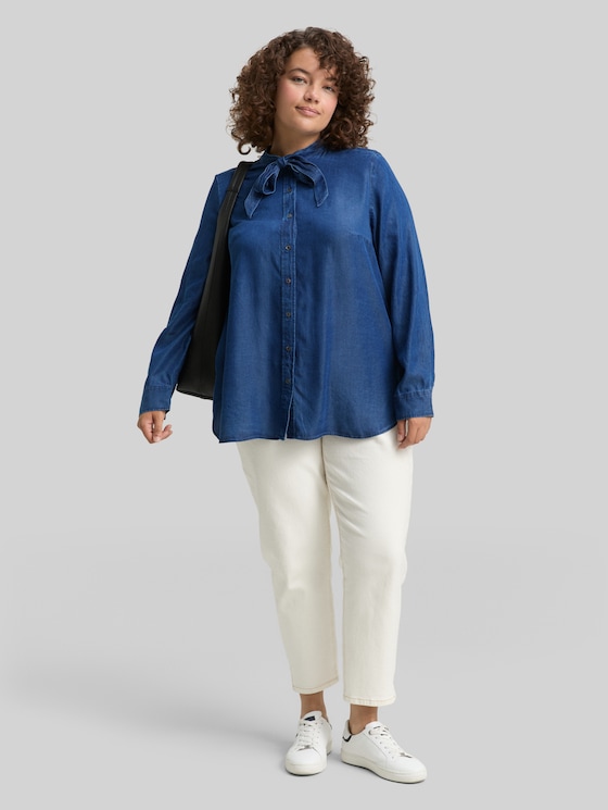 Plus Size - Blouse with bow detail - blue denim dark wash