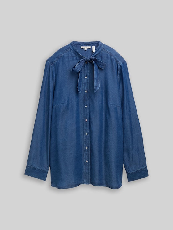 Plus Size - Blouse with bow detail - blue denim dark wash