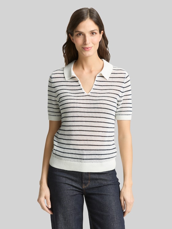 Knitted jumper with polo collar - white navy structure stripe