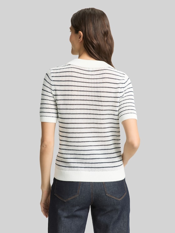 Knitted jumper with polo collar - white navy structure stripe