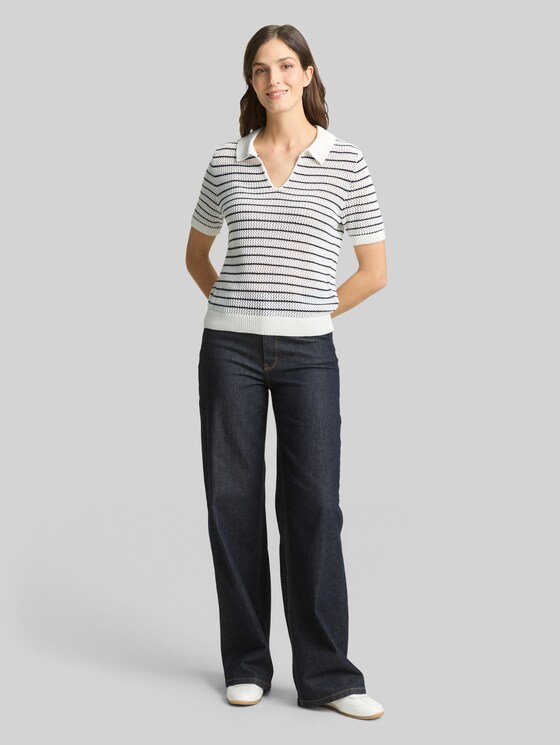 Knitted jumper with polo collar - white navy structure stripe