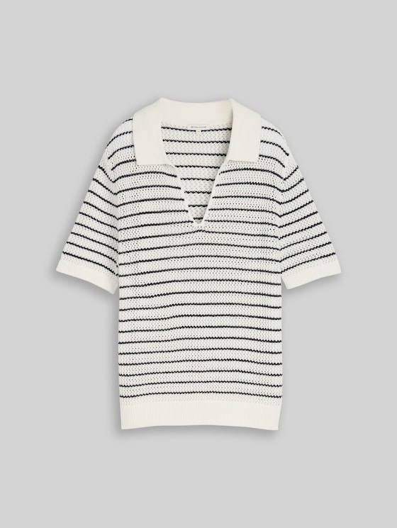 Knitted jumper with polo collar - white navy structure stripe