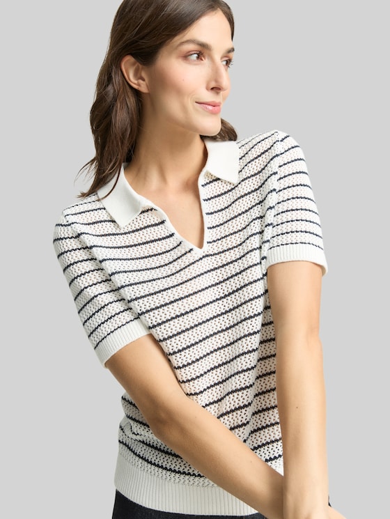 Knitted jumper with polo collar - white navy structure stripe