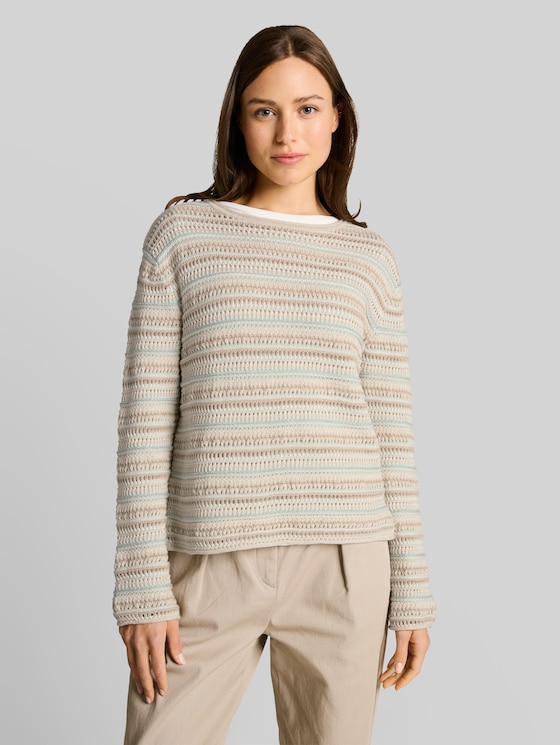 Loose fit knitted jumper with stripes - mint beige stripe