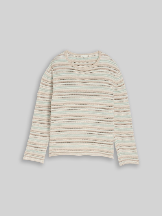 Loose fit knitted jumper with stripes - mint beige stripe