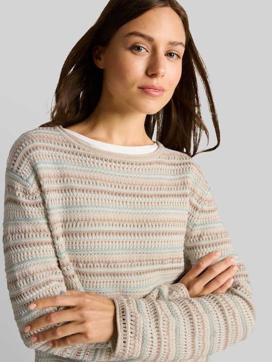 Loose fit knitted jumper with stripes - mint beige stripe