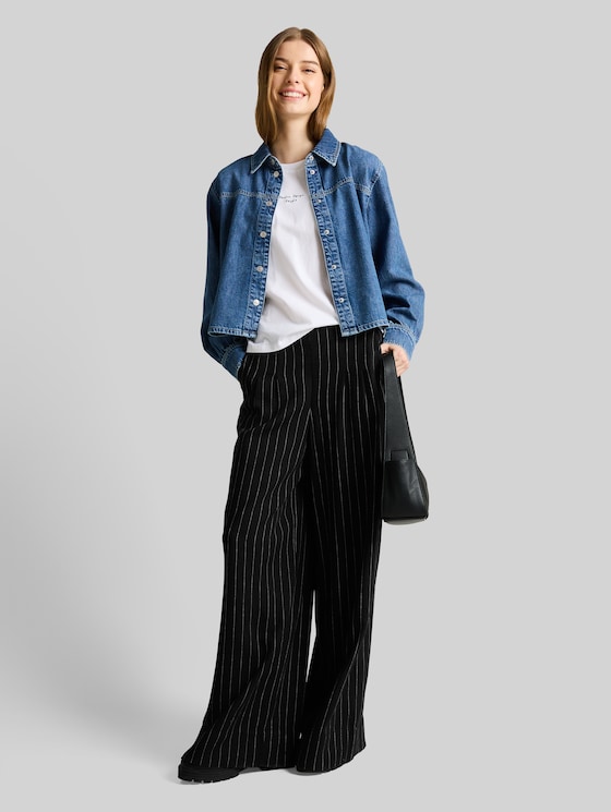 Wide-leg trousers with linen blend - black beige vertical stripe