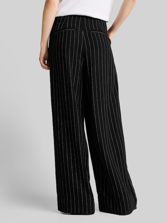 Wide-leg trousers with linen blend - black beige vertical stripe