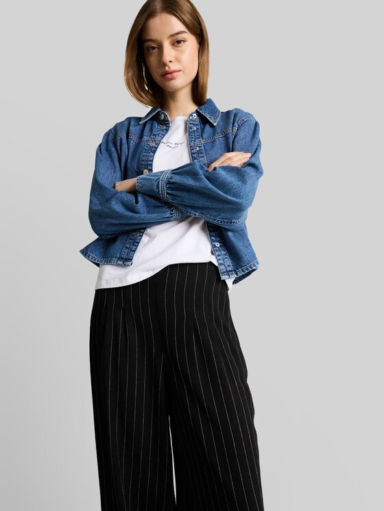 Wide-leg trousers with linen blend - black beige vertical stripe