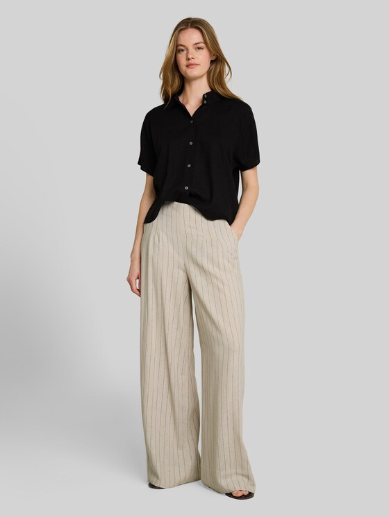 Wide-leg trousers with linen blend - beige black vertical stripe