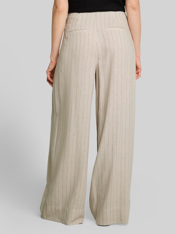 Wide-leg trousers with linen blend - beige black vertical stripe