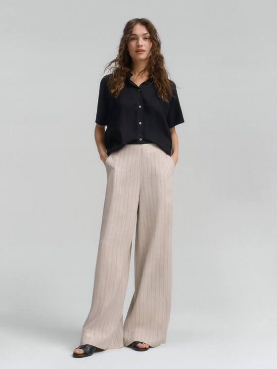 Wide-leg trousers with linen blend - beige black vertical stripe
