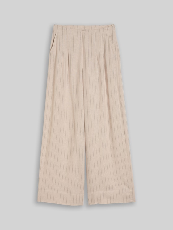 Wide-leg trousers with linen blend - beige black vertical stripe