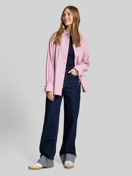 Oversized shirt blouse with stripe pattern - pink blue white stripe