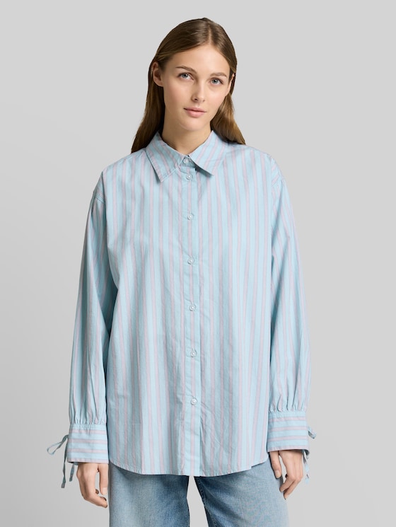 Oversized shirt blouse with stripe pattern - blue white brown stripe