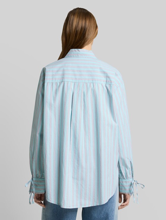 Oversized shirt blouse with stripe pattern - blue white brown stripe