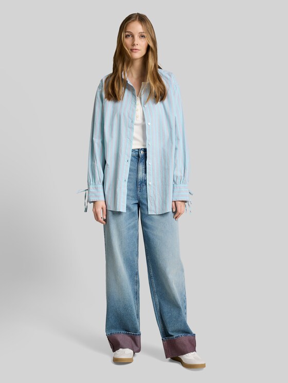 Oversized shirt blouse with stripe pattern - blue white brown stripe