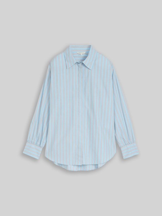 Oversized shirt blouse with stripe pattern - blue white brown stripe