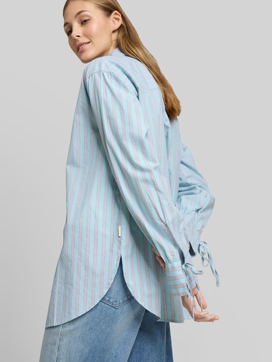 Oversized shirt blouse with stripe pattern - blue white brown stripe