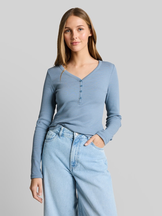 Slim fit Henley long-sleeved shirt with striped pattern - mid blue white stripe