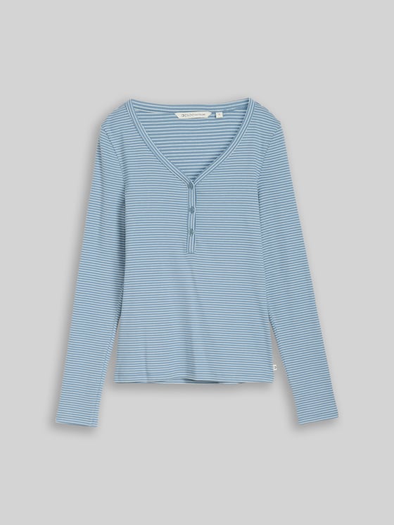 Slim fit Henley long-sleeved shirt with striped pattern - mid blue white stripe