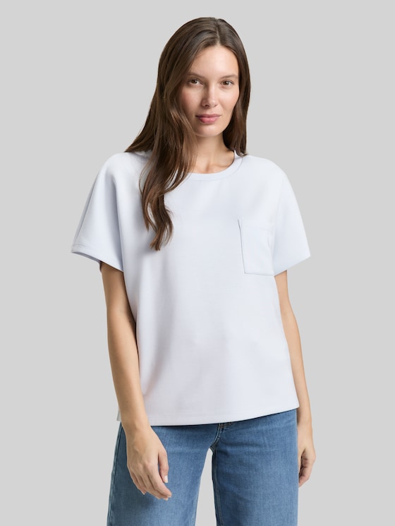 Loose fit scuba T-shirt with breast pocket - soft dusty blue