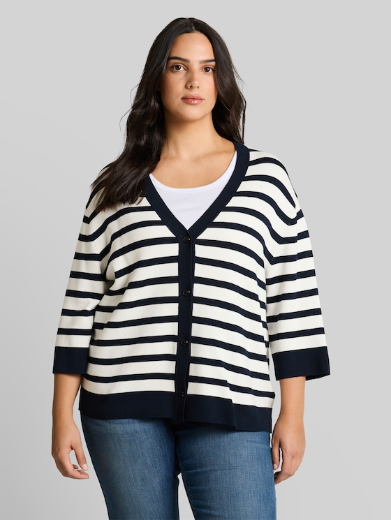 Plus Size - loose fit cardigan with striped pattern - white sky blue knit stripe