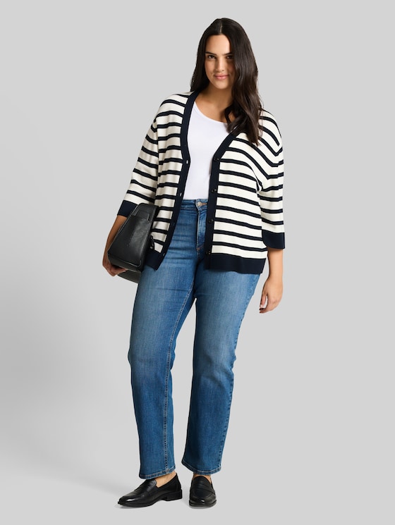 Plus Size - loose fit cardigan with striped pattern - white sky blue knit stripe