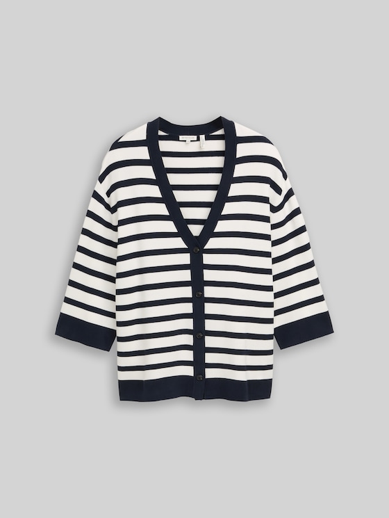 Plus Size - loose fit cardigan with striped pattern - white sky blue knit stripe
