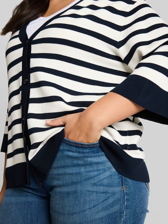 Plus Size - loose fit cardigan with striped pattern - white sky blue knit stripe