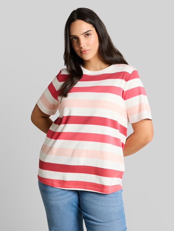 Plus Size - cotton T-shirt - coral offwhite stripe