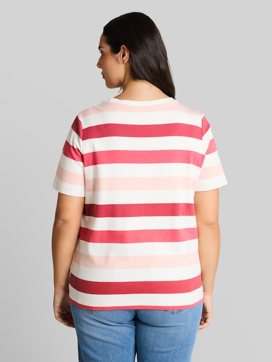Plus Size - cotton T-shirt - coral offwhite stripe