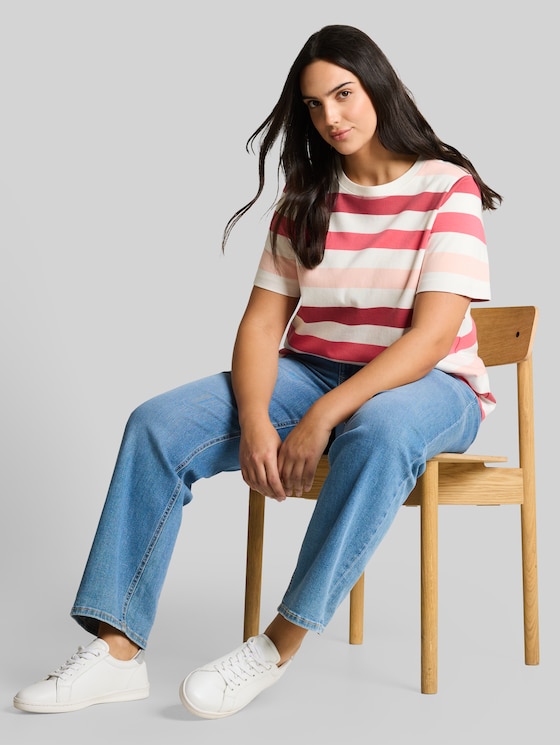 Plus Size - cotton T-shirt - coral offwhite stripe