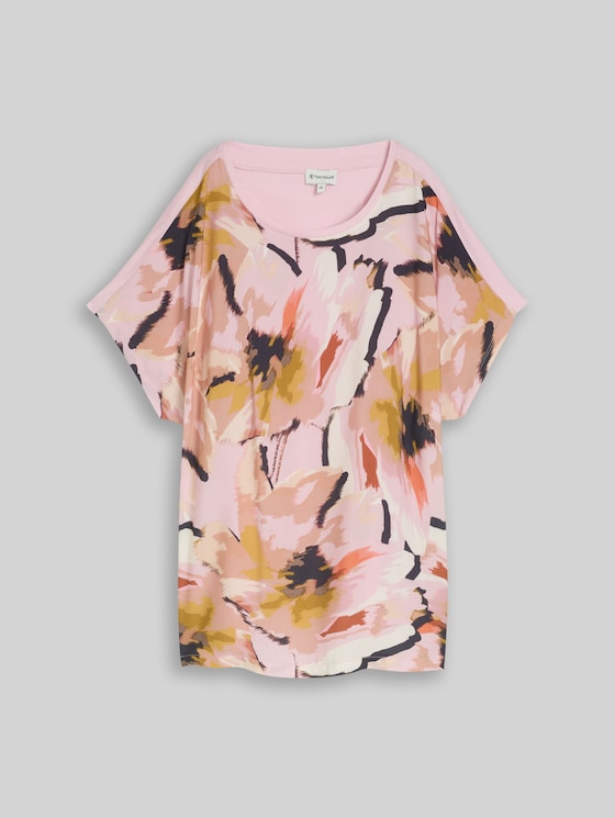 Plus Size - T-shirt in a mix of materials - big abstract flower print
