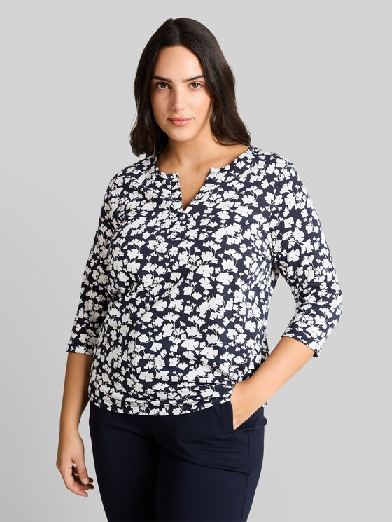 Plus Size - long-sleeved shirt with pattern - blue ginkgo minimal
