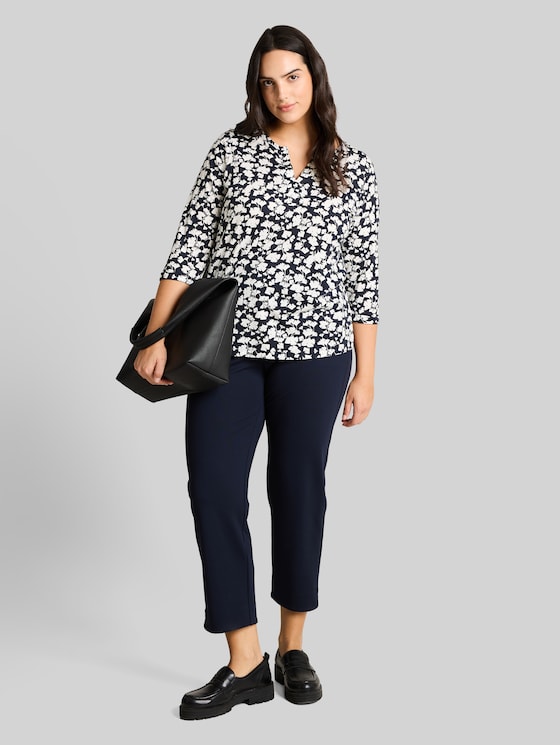Plus Size - long-sleeved shirt with pattern - blue ginkgo minimal