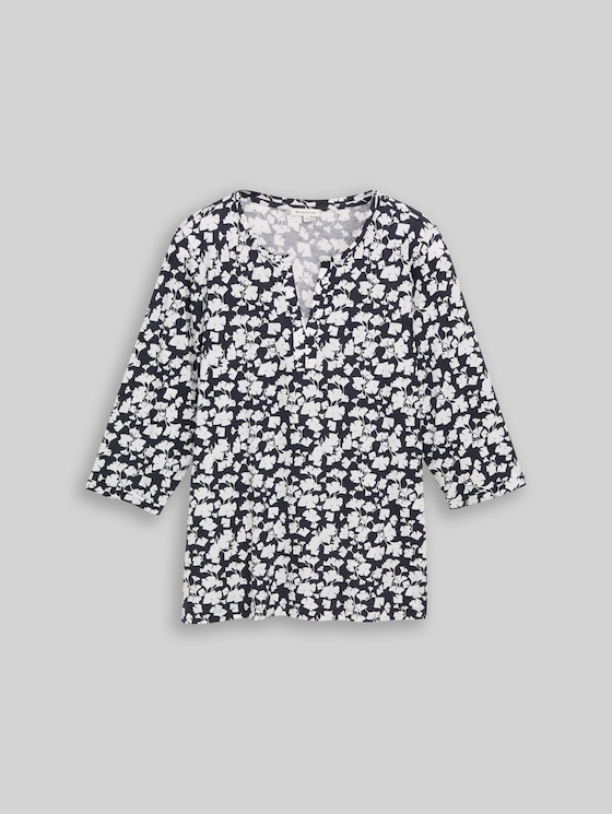 Plus Size - long-sleeved shirt with pattern - blue ginkgo minimal